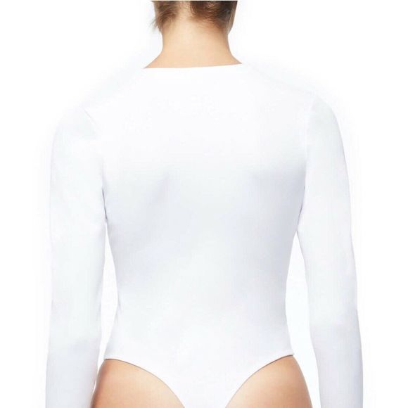 Ribbed Ivory Long Sleeve Henley Thong Bodysuit - Picture 2 of 11